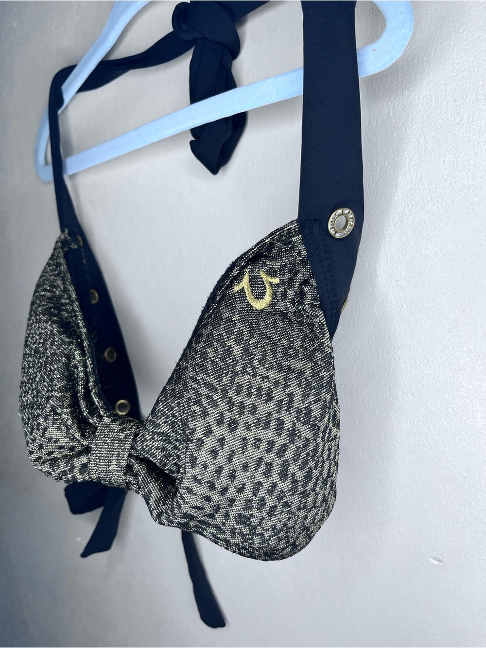 True Religion Black and Gold Leopard Print Shimmer Halter Bikini Top Size Small